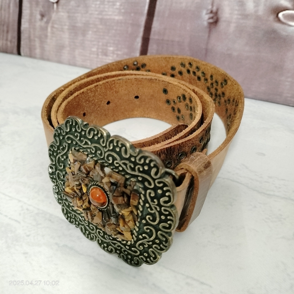 Women's Brown Gold  Brush Tooled Leather Belt with Ornate Buckle Boho Western - Picture 13 of 16